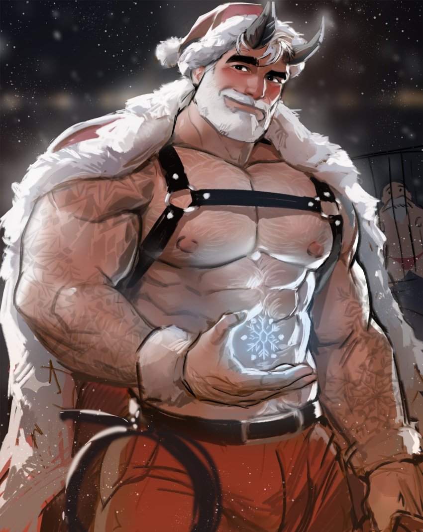 1boy 1male bara beard bearded big_arms chest_hair christmas clothed clothing disguise dopq hairy hairy_chest krampus large_pectorals male male_only muscular_arms nipples pecs pectorals santa_claus_(cosplay) smile tattoo tattoos white_hair