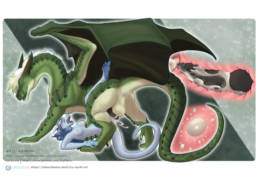 anthro balls bodily_fluids cum dragon female feral genital_fluids genitals icy-marth impregnation internal knot kobold male male/female ovum penis size_difference vynn_(icy-marth)