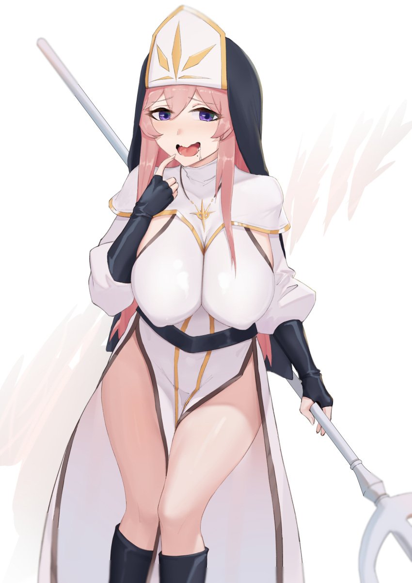 1girls beauty_mark big_breasts breasts female light-skinned_female lilynette_piani long_hair looking_at_viewer mitre nipple_bulge overlord_(maruyama) pink_hair priestess purple_eyes solo