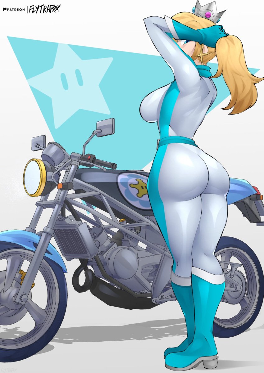 1girls 2022 ass belt big_ass big_breasts bike_outfit_(mario_kart) bimbo blonde_hair blue_eyes bodysuit boots breasts clothing crown earrings facing_away female female_only flytrapxx footwear full_body handwear human jumpsuit long_hair looking_at_viewer looking_back mario_(series) mario_kart motorcycle nintendo pale_skin patreon ponytail princess_rosalina sideboob skin_tight skindentation solo standing star_earrings thick_thighs thighs vehicle