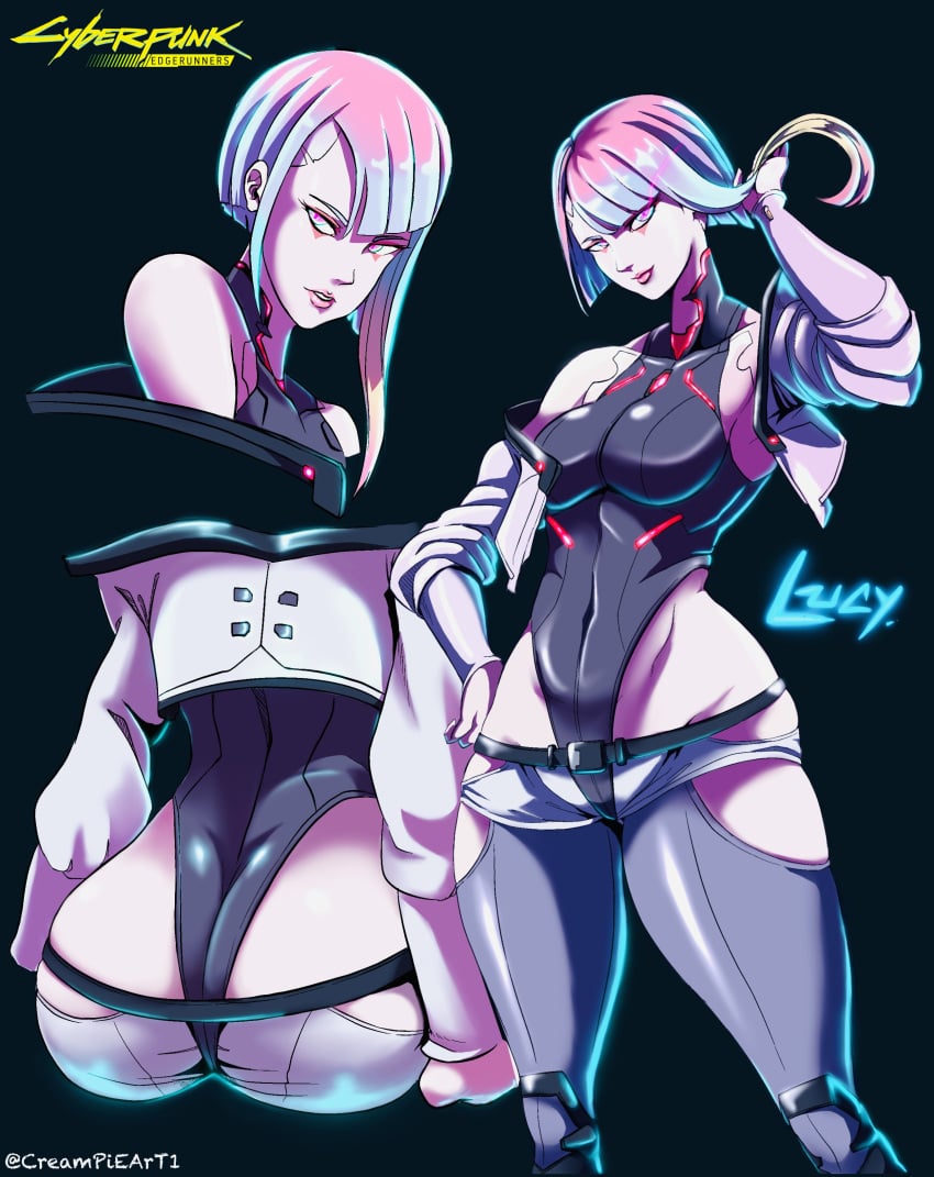 ass ass_focus cd_projekt_red creampieart1 cybernetics cyberpunk:_edgerunners cyberpunk_2077 cyborg fanart leotard looking_at_viewer lucyna_kushinada multicolored_hair netflix short_hair solo studio_trigger thighhighs