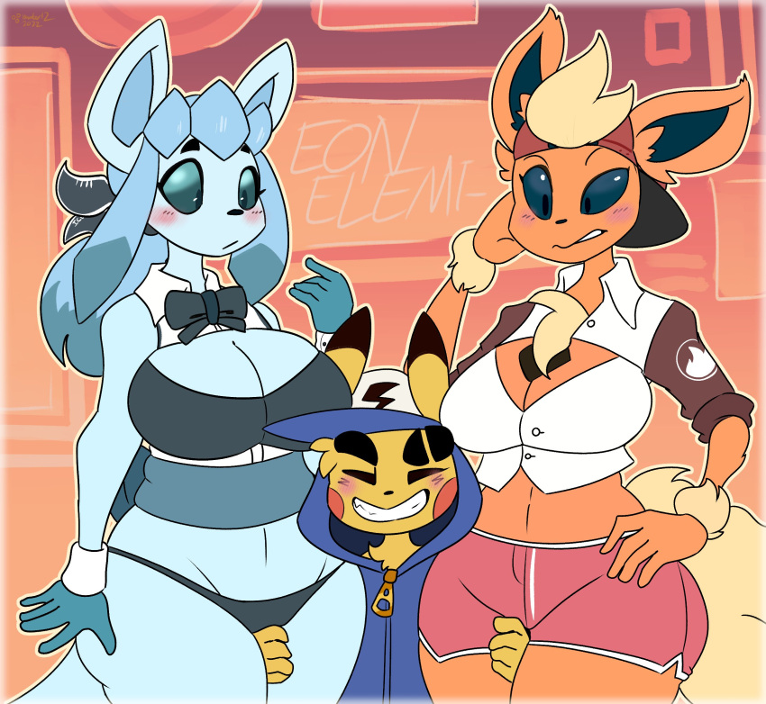 1boy 2girls anthro anthrofied big_breasts blush breasts cleavage clothed clothing eeveelution female flareon glaceon hambor12 male nintendo pikachu pokémon_(species) pokemon tagme trio