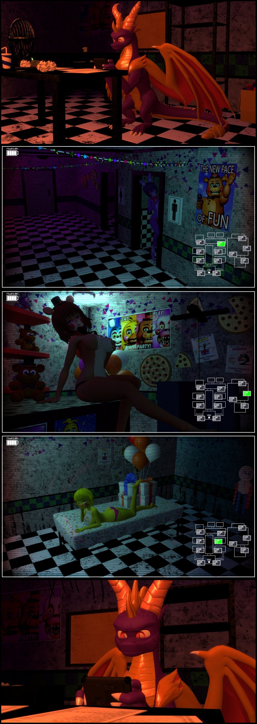 3d annoyed anthro camera chica_(fnaf) comic crossover dragon feral five_nights_at_freddy's five_nights_in_anime freddy_(fnaf) garry's_mod hallway large_breasts laying_on_stomach looking_at_viewer nude_female seductive spyro_reignited_trilogy spyro_the_dragon tyrakathedragonfan underwear winking_at_viewer