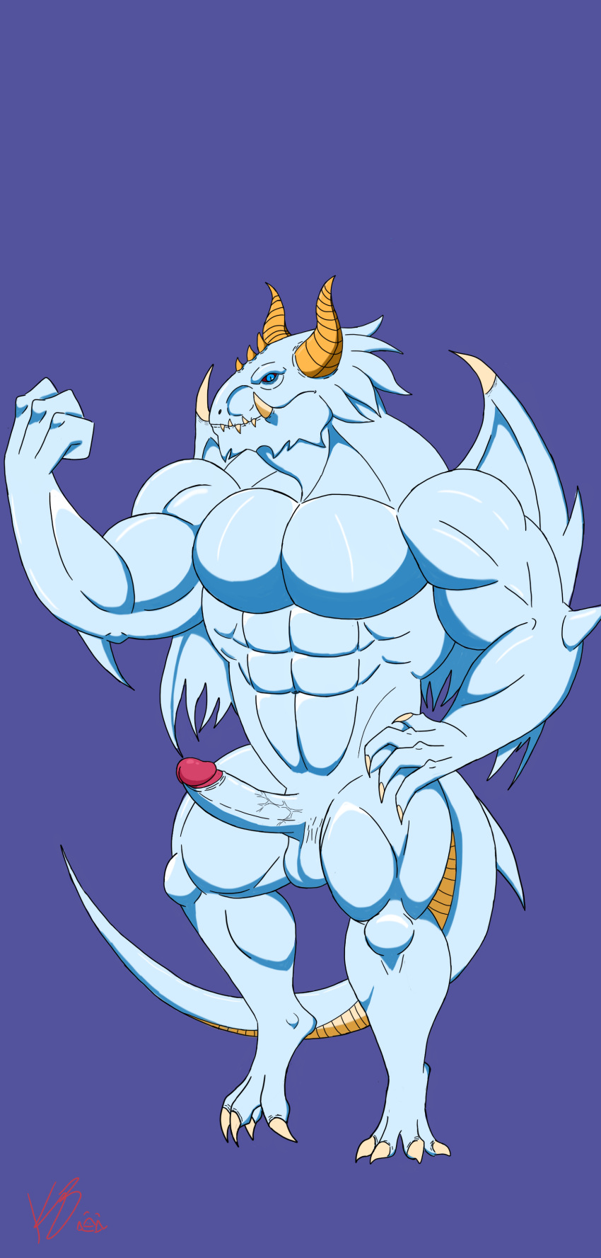 abs absurd_res anthro balls big_muscles dragon flexing genitals hi_res horn jindrack_hemy kamikazeboar male muscular muscular_male pecs solo teeth_showing tusks wings