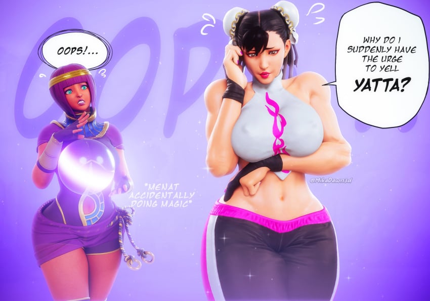 2girls 3d asian black_hair blender brown_eyes capcom chinese chun-li crystal_ball dialogue egyptian egyptian_clothes egyptian_headdress female female_only huge_breasts juri_han_(cosplay) light-skinned_female menat mikadawn pink_lipstick purple_eyeshadow purple_hair purple_lipstick speech_bubble street_fighter street_fighter_v tagme tan-skinned_female teal_eyes text thick_thighs transformation