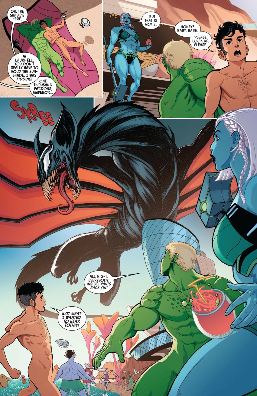 1girls 2boys 3_panel_comic alpha_male big_penis billy_kaplan black_hair blonde_hair canon_couple dorrek_viii dragon gay green_body handsome head_on_hand hulkling hunk lying married_couple marvel marvel_comics muscles muscular_female muscular_male nudity penis public_topless romantic royal size_difference teddy_altman uncensored unknown_artist wiccan yaoi young_avengers