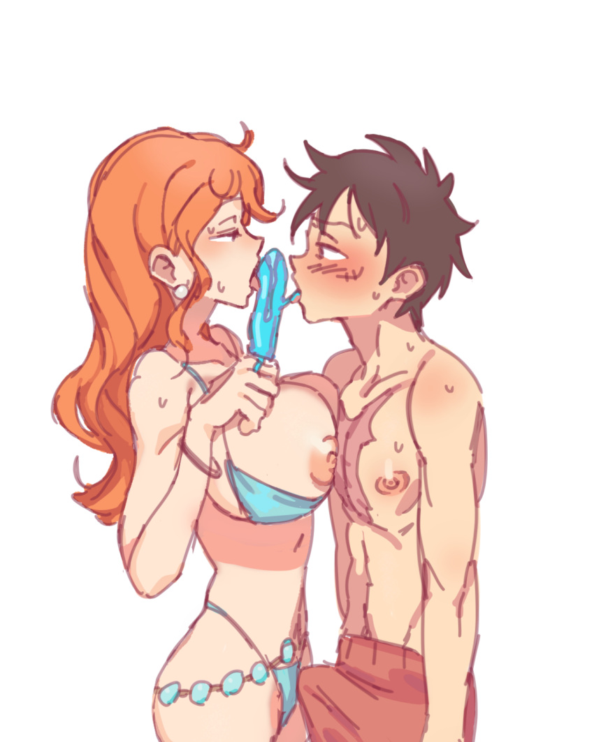 1boy 1boy1girl 1girls abs bikini black_hair blush blushing_boy blushing_male both_sexes_in_same_situation breast_press breasts erect_nipples erection erection_under_clothes female femdom large_breasts long_hair male melting_popsicle monkey_d_luffy muscular_male nami nipples one_piece orange_hair popsicle post-timeskip scar scars seductive straight submissive_male sweat sweating swimsuit taller_girl twink zoluna3some