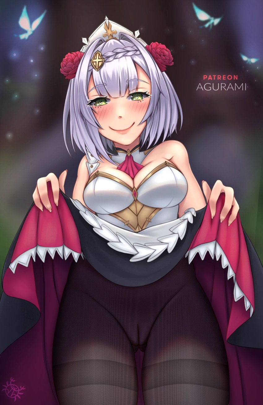 agurami dress dress_lift dress_up femdom genshin_impact no_panties noelle_(genshin_impact) pantyhose skirt skirt_lift skirt_up smug smug_expression smug_face smug_smile