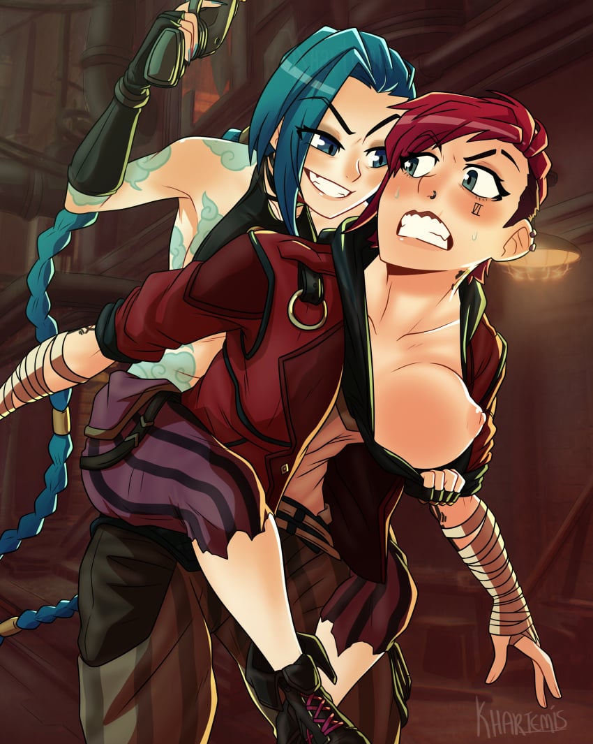 2girls arcane arcane_jinx arcane_vi breasts_out clothed clothed_female female female_only imminent_sex incest jinx_(league_of_legends) khartemis league_of_legends multiple_girls riot_games sisters tagme vi watermark yuri