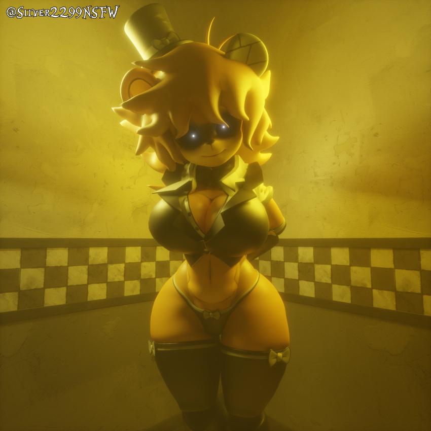 3d 3d_(artwork) :3 alternate_version_available animatronic anthro arms_behind_back artist_name bear big_breasts black_bowtie black_legwear black_panties black_sclera black_underwear bowtie cally3d clazzey cleavage clothed clothes clothing cryptiacurves curvy fazclaire's_nightclub five_nights_at_freddy's fnaf freddy_(fnaf) fredina's_nightclub fredina_(cally3d) frenni_(cryptia) frenni_fazclaire golden_freddy golden_freddy_(fnaf) golden_fredina_(cally3d) hi_res hourglass_figure legwear looking_at_viewer panties scottgames silver2299 smile solo source_filmmaker thick_thighs thighhighs thighs type_0 voluptuous wide_hips yellow_body yellow_hair yellow_skin