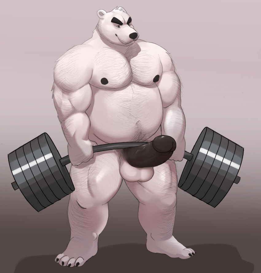 2022 anthro arm_hair balls barazoku barbell barefoot belly biceps big_belly big_muscles big_penis bin_(artist) black_eyebrows body_hair chest_hair claws deadlift erection exercise eyebrows facial_hair feet fur genitals grey_background happy_trail hi_res huge_muscles humanoid_feet humanoid_genitalia humanoid_penis leg_hair male mammal musclegut muscular muscular_anthro muscular_male navel nipples nude pecs penis plantigrade polar_bear pubes simple_background smile solo standing thick_thighs tuft ursid ursine weightlifting white_body white_fur workout