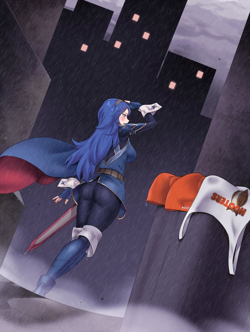 1girls absurdres ass blue_eyes blue_footwear blue_gloves blue_hair boots breasts building cape city cityscape cloud cloudy_sky commission dutch_angle female female_only fingerless_gloves fire_emblem fire_emblem_awakening fire_emblem_heroes gloves highres hooters igni_tion large_ass large_breasts leggings long_hair long_sleeves looking_away lucina_(fire_emblem) night night_sky nintendo pantyhose rain raincoat sheath sheathed short_shorts shorts shorts_removed sky skyscraper solo sword tank_top thigh_boots tiara trash_can water_drop weapon wet wet_clothes