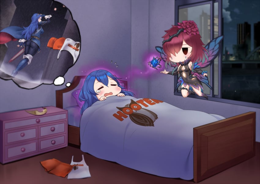 2girls ass bed bedroom black_dress blanket blue_eyes blue_footwear blue_gloves blue_hair boots breasts building cape chibi chibi_inset city cityscape closed_eyes cloud cloudy_sky commission crying dream dreaming dress dutch_angle fairy_wings female female_only fingerless_gloves fire_emblem fire_emblem_awakening fire_emblem_heroes gloves highres hooters igni_tion indoors large_ass large_breasts leggings long_hair long_sleeves looking_away lucina_(fire_emblem) lying multiple_girls night night_sky nintendo on_back on_bed open_mouth pantyhose pillow purple_hair rain raincoat sheath sheathed short_shorts shorts shorts_removed sky skyscraper sleeping sword tank_top teardrop thigh_boots tiara trash_can triandra_(fire_emblem) water_drop wavy_mouth weapon wet wet_clothes window wings