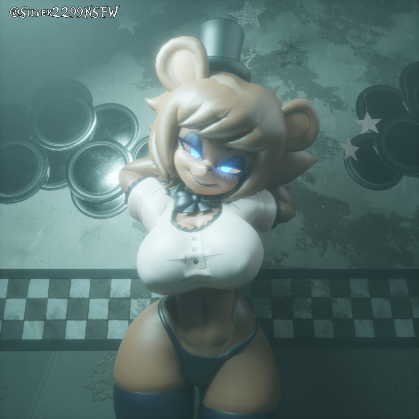 3d 3d_(artwork) alternate_version_available animatronic anthro bear big_breasts black_legwear black_panties blue_eyes bowtie breasts brown_body brown_hair brown_skin cally3d clazzey cleavage clothed clothes clothing cryptiacurves curvy fazclaire's_nightclub five_nights_at_freddy's fnaf freckles freddy_(fnaf) fredina's_nightclub fredina_(cally3d) frenni_(cryptia) frenni_fazclaire hat hi_res hourglass_figure looking_at_viewer panties scottgames silver2299 smile source_filmmaker thick_thighs thighhighs wide_hips