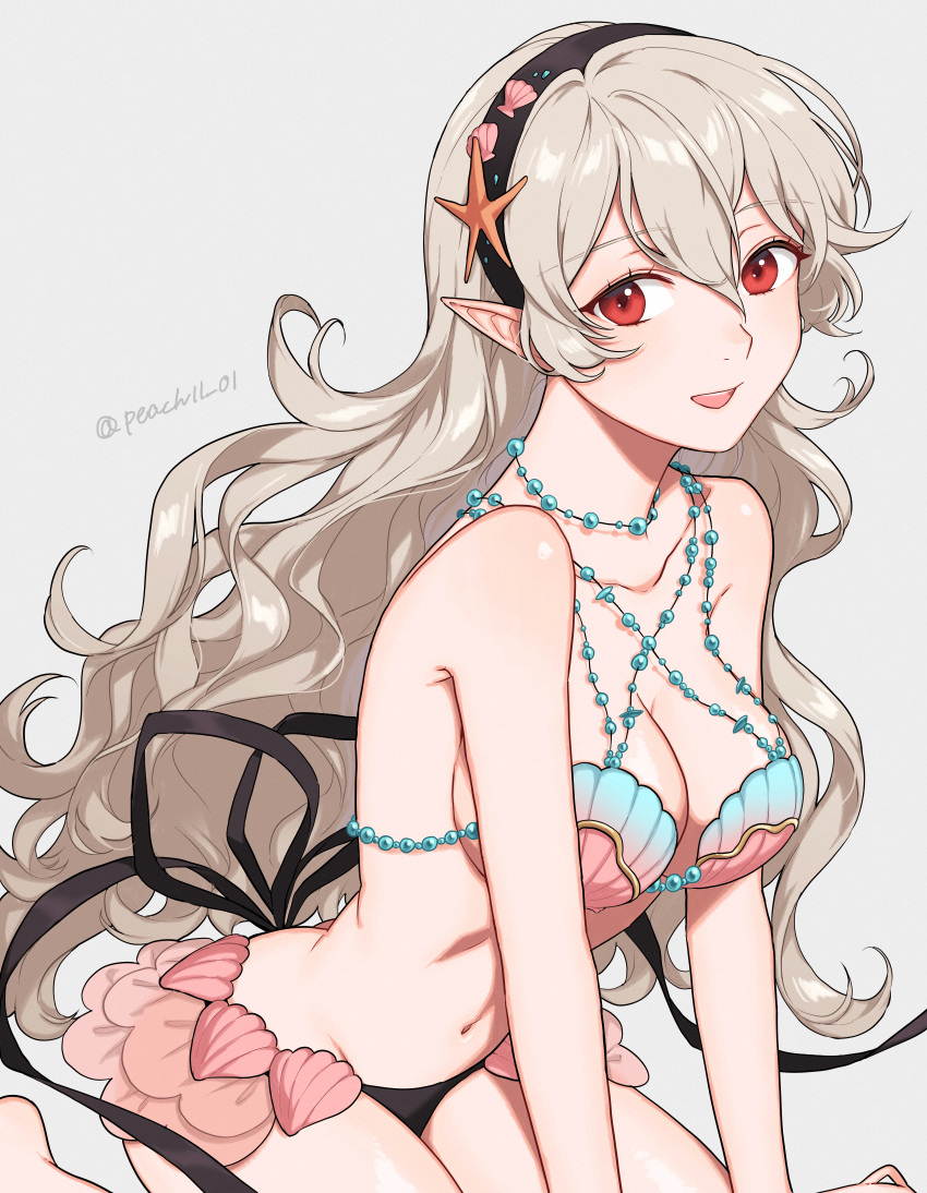 1girls alternate_costume ass ass_cleavage bangs big_ass bikini breasts butt_crack cleavage commentary_request corrin_(fire_emblem) corrin_(fire_emblem)_(female) corrin_(summer)_(fire_emblem)_(female) female female_only fire_emblem fire_emblem_cipher fire_emblem_fates grey_background grey_hair hair_between_eyes hairband highres long_hair looking_at_viewer navel nintendo official_alternate_costume peach11_01 pointy_ears red_eyes seiza shell shell_bikini sideboob simple_background sitting smile solo starfish starfish_hair_ornament stomach swimsuit twitter_username very_long_hair wavy_hair