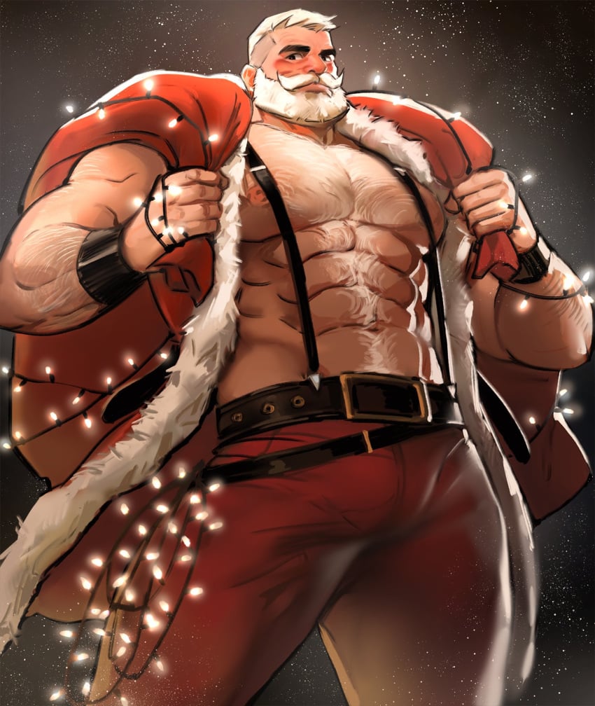 arm_hair bara beard bearded big_arms bulge bulge_through_clothing chest_hair christmas clothed clothing dopq gay hairy hairy_arms hairy_chest large_pectorals male_only muscle muscles muscular muscular_arms navel nipples old_man pecs pectorals santa santa_claus white_hair