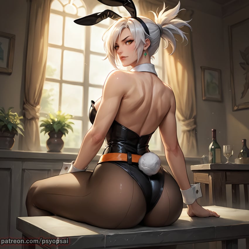 1girls ai_generated artist_name ass ass_focus back_view battle_bunny_riven belt bodysuit bunny_ears bunny_tail bunnysuit clothed clothing colored curvy digital_media_(artwork) female female_focus female_only fit_female from_behind from_below league_of_legends leather looking_at_viewer only_riven ponytail psyopsai riven short_hair sitting solo solo_focus watermark white_hair yellow_eyes