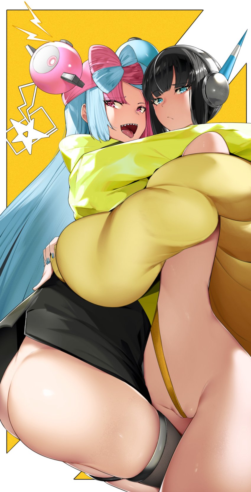 2girls ass black_hair blue_eyes blue_hair blush clothing elesa_(pokemon) elesa_(pokemon_bw2) female game_freak gym_leader headphones hug hugging iono_(pokemon) legs_together long_hair nintendo open_mouth pink_hair pokemon pokemon_bw2 pokemon_sv smile thighhighs tongue tongue_out two_tone_hair wide_hips yuri yuuyuu_(yuuki1771)