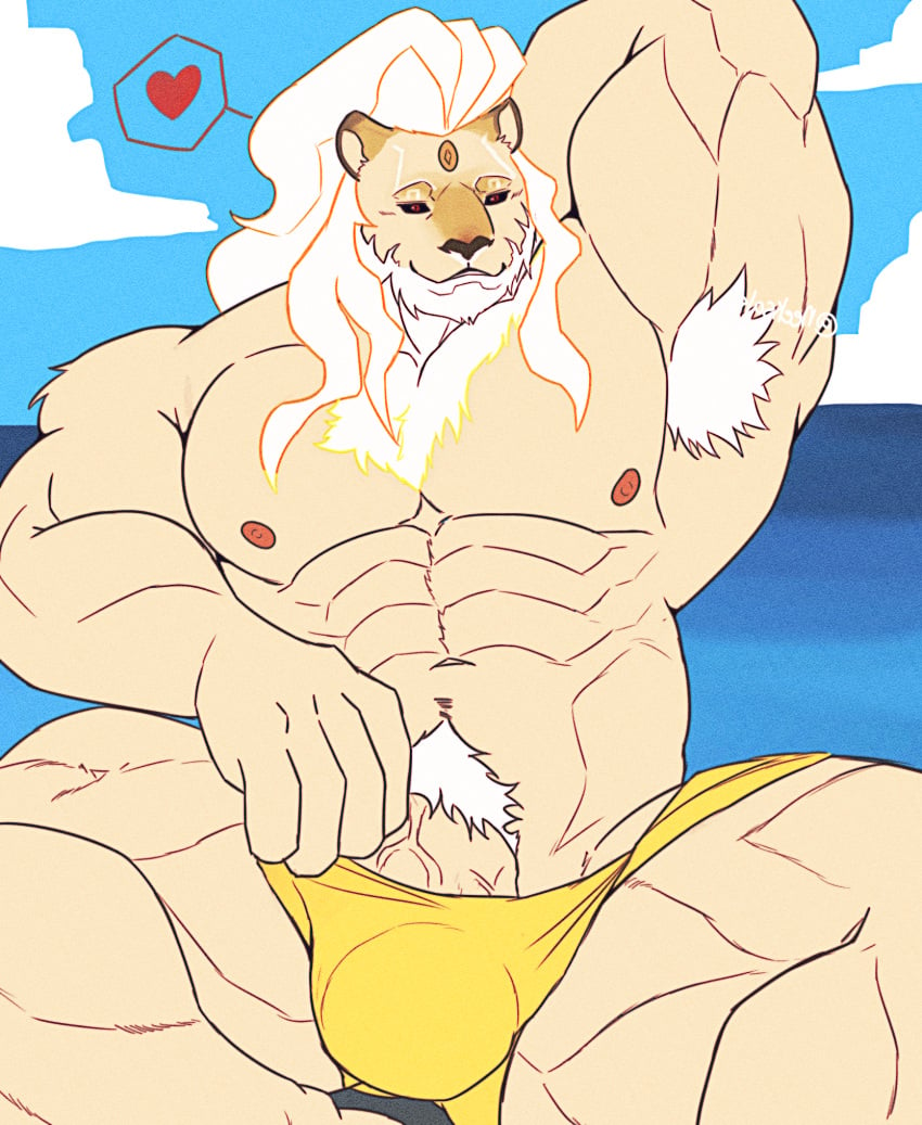 abs anthro armpit_hair barazoku beach big_penis body_hair bulge clothing dislyte felid genitals hair hi_res javid_(dislyte) lilith_games lion long_hair male male/male mammal muscular neeksaki nipples pantherine pecs penis sea solo summer underwear water