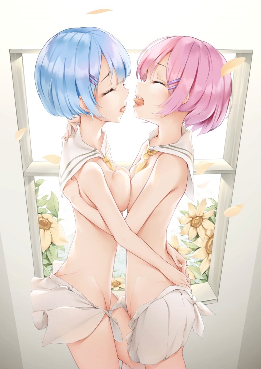 2girls an-telin apron blue_hair breast_press breasts closed_eyes flowers hair_over_one_eye hairclip hand_on_ass incest medium_breasts multiple_girls open_window pink_hair ram_(re:zero) re:zero_kara_hajimeru_isekai_seikatsu rem_(re:zero) sailor_collar short_hair siblings sisters small_breasts sunflowers symmetrical_docking tongue tongue_out twincest twins waist_apron white_apron white_sailor_collar window yuri