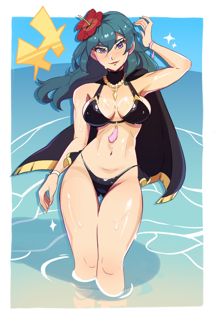 alternate_costume bikini black_bikini black_swimsuit blue_eyes breasts byleth_(female)_(fire_emblem) byleth_(female)_(summer)_(fire_emblem) byleth_(fire_emblem) byleth_(fire_emblem)_(female) female female_only fire_emblem fire_emblem:_three_houses fire_emblem_heroes nintendo official_alternate_costume pimozzarella solo swimsuit