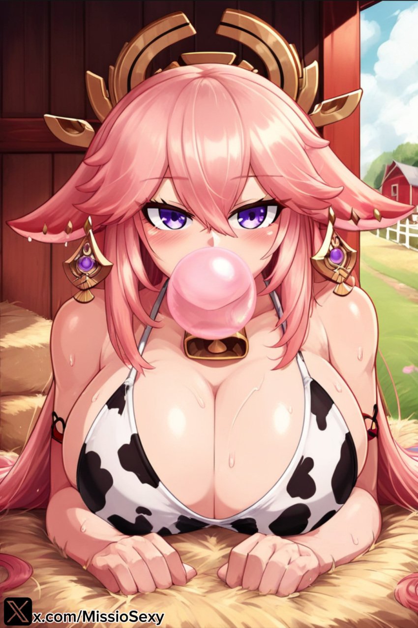 1girls ai_generated big_breasts bikini bikini_top bubble_blowing bubble_gum chewing_gum cow_girl cowgirl cowgirl_position female genshin_impact gum milf miss_io purple_eyes yae_miko