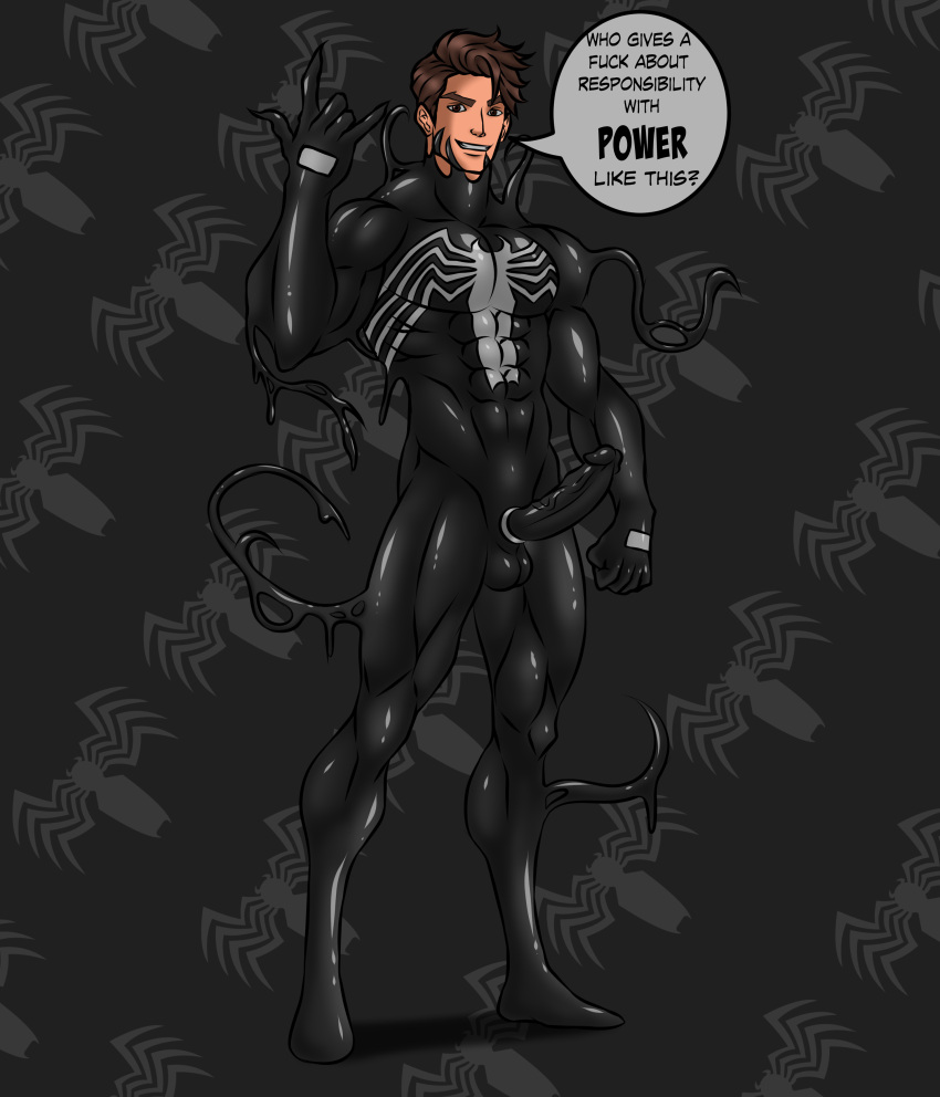 1boy abs absurd_res cock_ring deimon21 erection male_only marvel muscles muscular muscular_male penis peter_parker smiling_at_viewer speech_bubble spider-man spider-man_(black_suit) symbiote tendrils venom_(marvel)