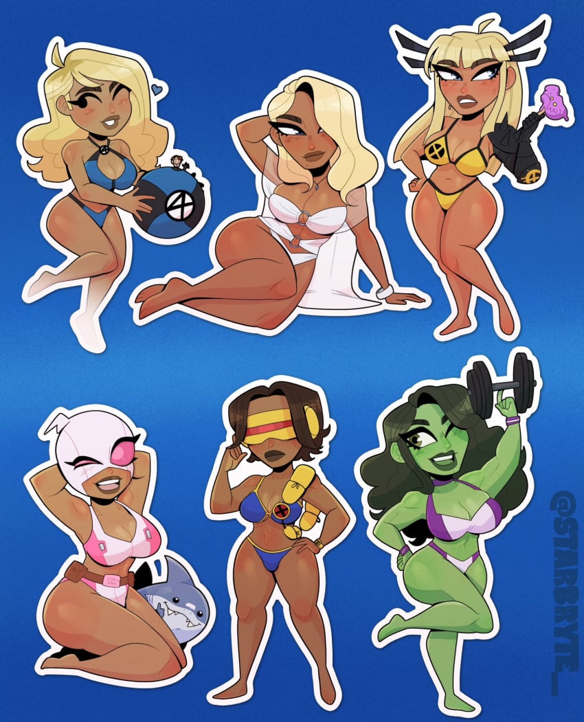 6girls artist_name bikini blonde_hair brown_hair busty cleavage curvy cyclops_(x-men) emma_frost female genderswap_(mtf) green_hair green_skin gwenpool invisible_woman light-skinned_female magik_(illyana_rasputin) marvel marvel_comics mask one-piece_swimsuit rule_63 she-hulk starbryte swimsuit tan-skinned_female