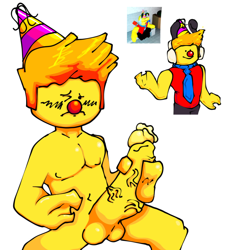 1boy big_penis clown male_only party_hat penis red_nose reference_image roblox roblox_avatar robloxian solo_male tagme yellow_body yellow_skin