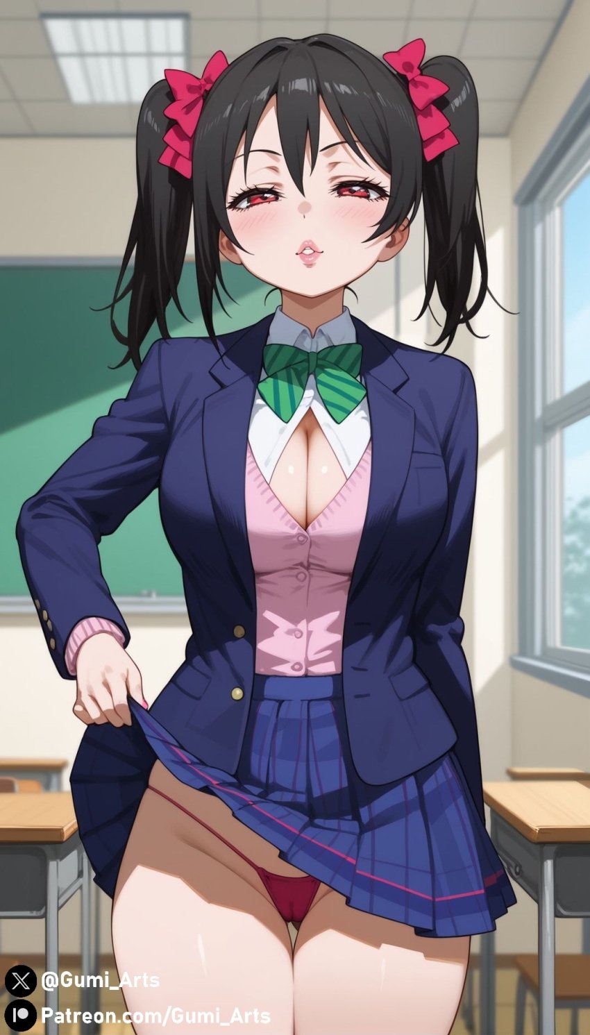 aged_up ai_generated black_hair classroom cleavage covered_pussy g-string gumi_arts hair_ribbon indoors large_breasts lips love_live! love_live!_school_idol_project naughty_face parted_lips red_eyes school_uniform skirt_lift stable_diffusion thick_thighs twintails yazawa_nico