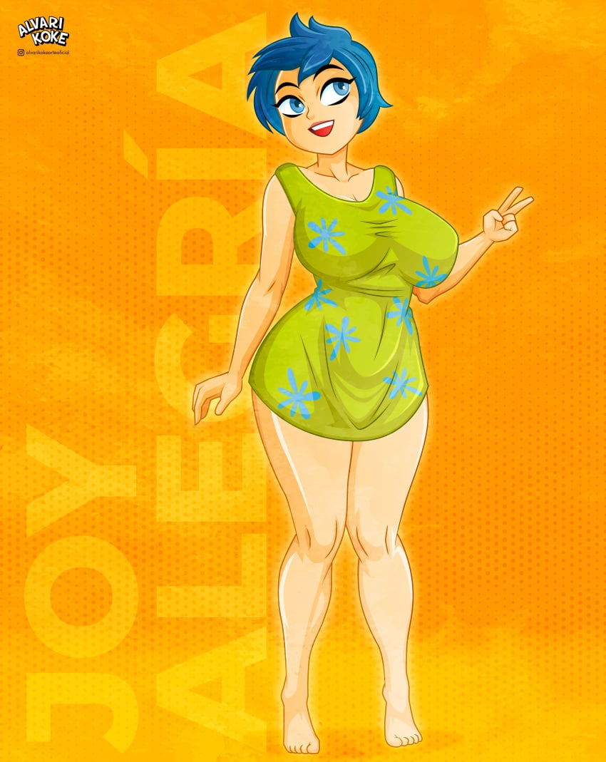 1girls 2020s 2024 alvarikokearte big_breasts blue_eyes blue_hair breasts curvaceous curvy curvy_body curvy_figure disney dress english_text female female_only hi_res high_resolution highres inside_out inside_out_2 joy_(inside_out) jpeg open_mouth peace_sign pixar short_hair short_hair_female smile solo solo_female solo_focus spanish_text standing tagme text yellow_body yellow_skin