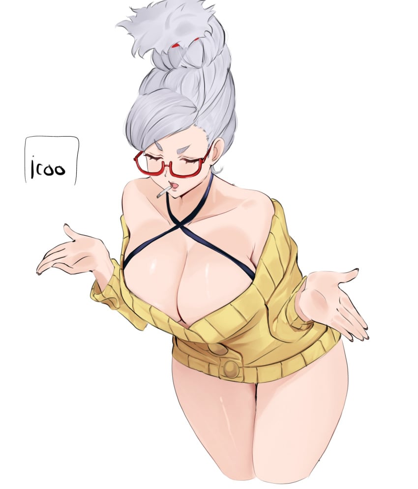 1girls ayase_seiko beehive_hairdo big_breasts breasts cigarette cleavage curvy dandadan female female_only gilf glasses hoop_earrings icoo milf pinup pulled_up_hair red-framed_glasses shiny_skin smoking smoking_cigarette tagme thick_thighs thighs thighs_together updo voluptuous