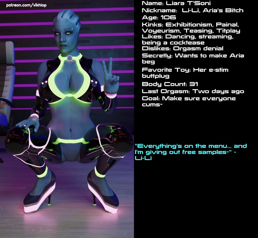 3d asari big_breasts comic_page english english_text glowing_piercing liara_t'soni mass_effect pierced_clitoris pierced_nipples piercings solo solo_female vikhlop