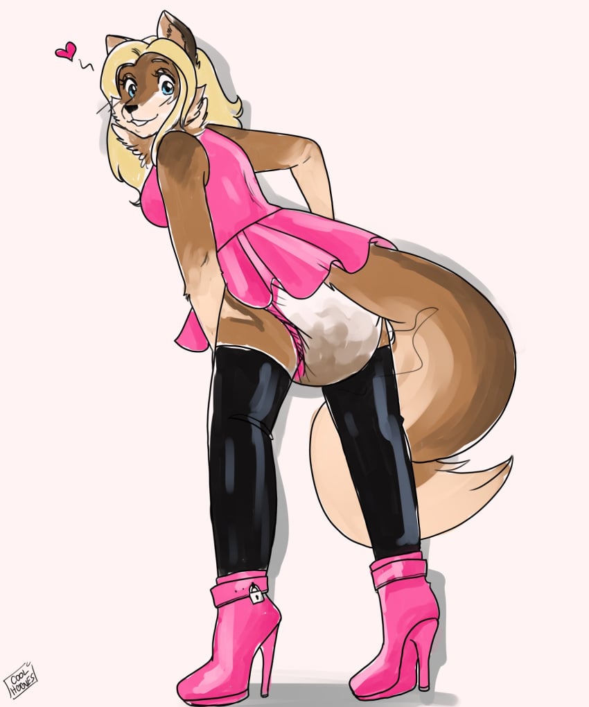 black_stockings blue_eyes brown_fur coolhooves diaper female fox_ears fox_girl fox_tail furry looking_at_viewer messy_diaper pink_dress pink_high_heels scat spoken_heart