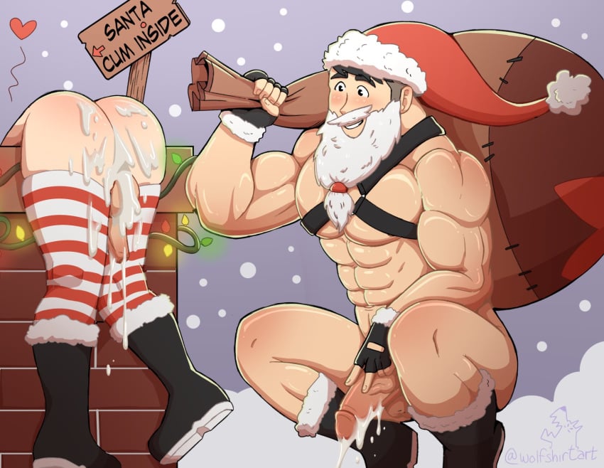 abs ass balls bara beard biceps big_balls big_penis christmas_clothing cum fenrir_(wolfshirtart) gay male male/male male_only muscular_male nude pecs penis santa_costume twitter_user_oc wolfshirtart