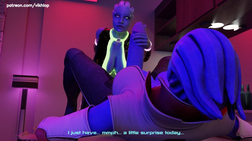 3d alien alien_humanoid aria_t'loak asari_futanari blender comic comic_page english english_text futanari glowing_piercing huge_balls huge_cock latex_clothing liara_t'soni mass_effect no_nut_november piercings tease vikhlop