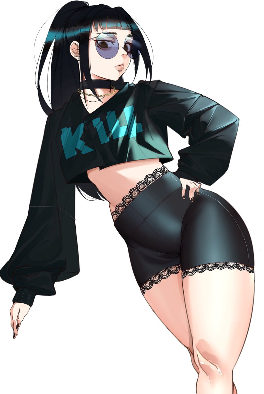 baggy_clothes bangs black_choker black_hair black_nails black_shorts blunt_bangs breasts choker clothing crop_top earrings eyeshadow female female_only gothic hand_on_hip jacket jewelry jobin_chan lace_trim lips long_hair long_sleeves looking_at_viewer makeup midriff nail_polish navel necklace original osaragi_(sakamoto_days) ponytail sakamoto_days shirt short_shorts shorts simple_background solo standing sunglasses thick_thighs thighs tied_hair tinted_eyewear white_background