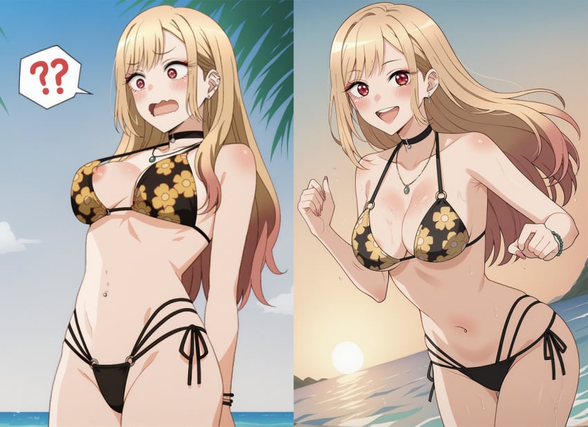 1girls ai_generated beach bikini bikini_slip blonde_hair embarrassed female female_only gyaru human kitagawa_marin lilianaa nipple_slip nipples shy solo sono_bisque_doll_wa_koi_wo_suru stable_diffusion surprised