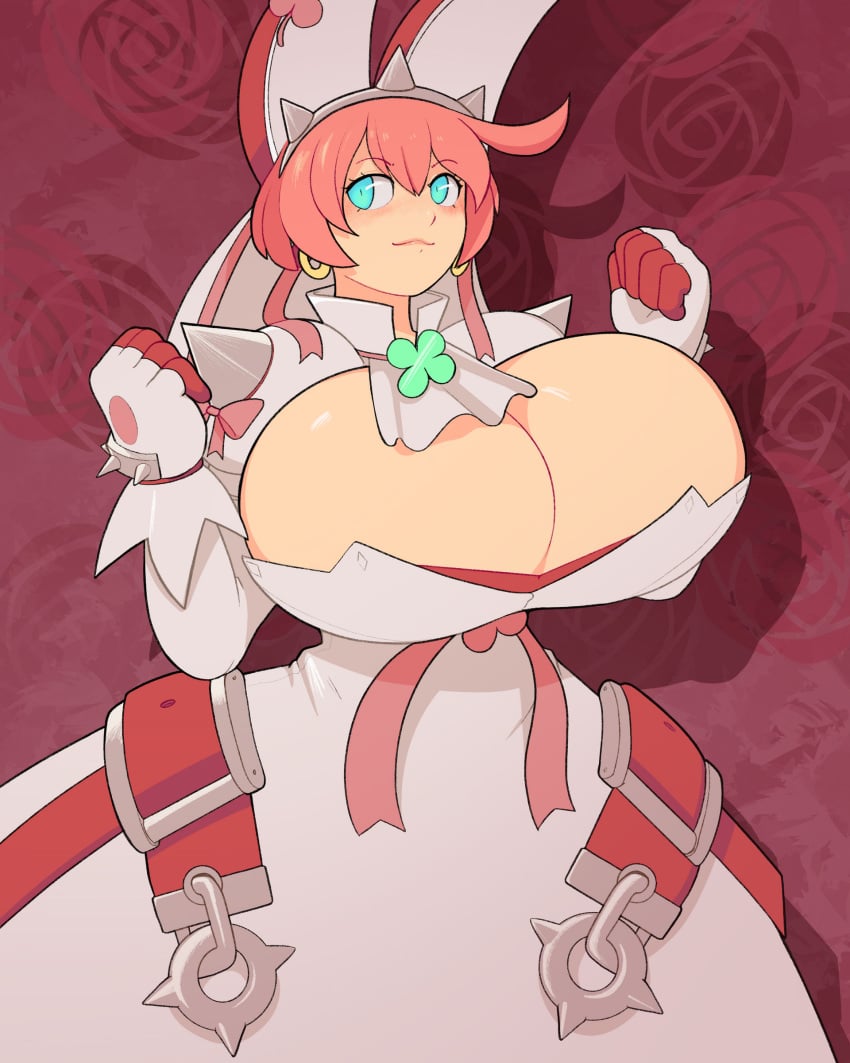 1girls absurdres ahoge breasts bursting_breasts cleavage dress elphelt_valentine eyelashes female female_focus floral_print green_eyes guilty_gear guilty_gear_xrd highres huge_breasts pink_hair rose_print royaloppai short_hair smile solo spikes standing w_arms white_dress wide_hips