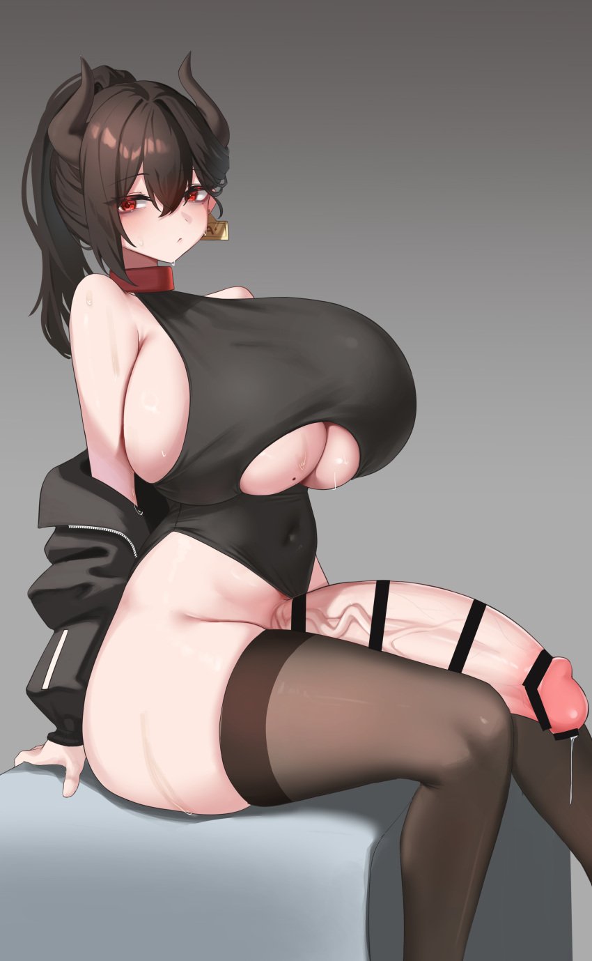 1futa absurdres bottomless bovine breasts brown_hair censored clothed clothing clothing_cutout cow_girl ear_tag erection futa_only futanari highres horns huge_breasts huge_cock human large_penis leotard light-skinned_futanari light_skin long_hair mole mole_on_breast original partially_clothed penis ponytail red_eyes simsim_han-u sitting solo sweat thick_thighs thighhighs underboob underboob_cutout wide_hips