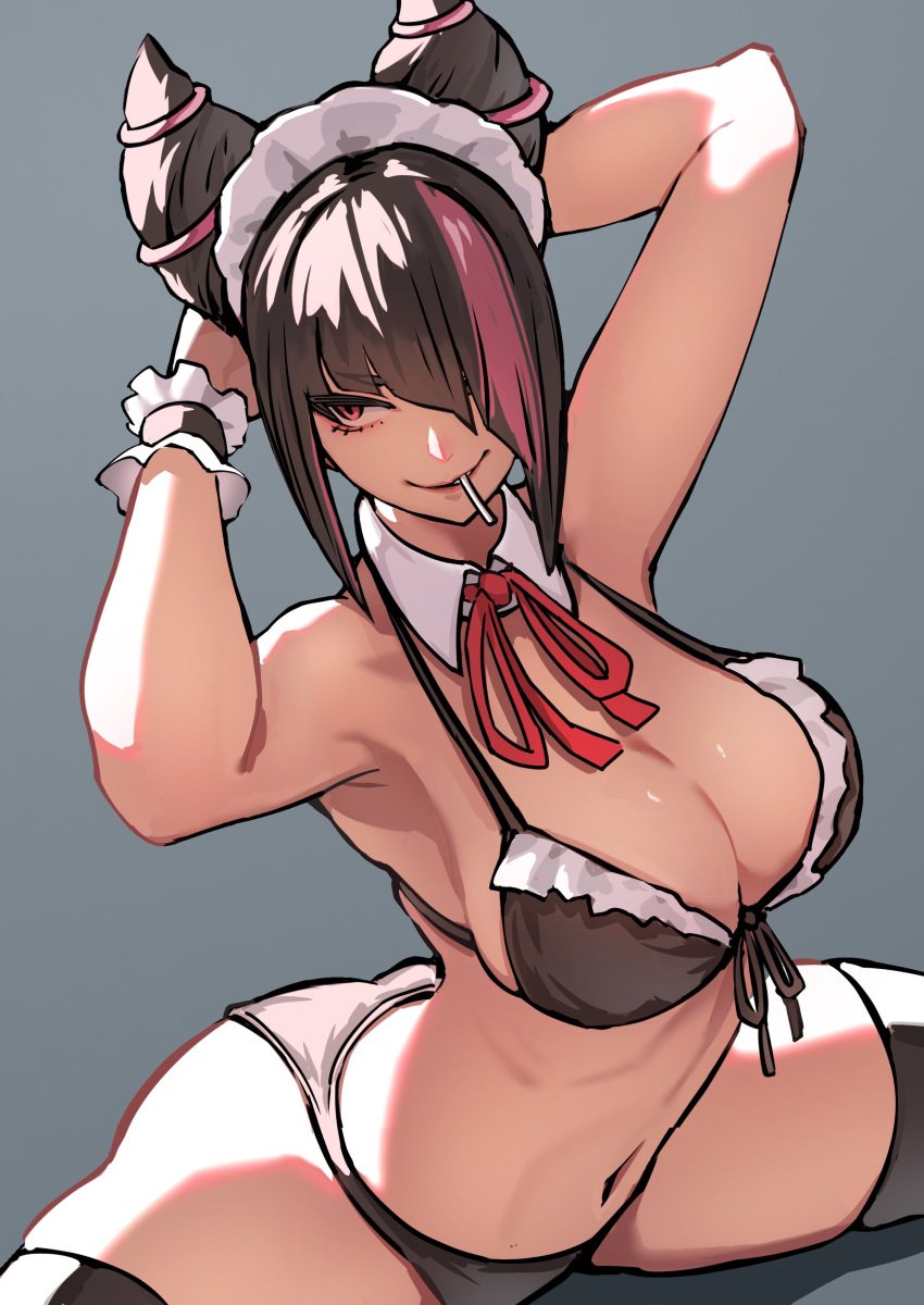 ap_cammy ass big_breasts bikini black_bra black_hair black_panties bra detached_collar detached_sleeves dyed_hair frilled_bra frills grey_background hair_over_one_eye hair_streak hands_behind_head juri_han lollipop maid maid_bikini maid_headdress object_in_mouth on_floor panties purple_hair purple_streak simple_background skindentation splits street_fighter thick thighhighs thighs tied_hair two-tone_hair