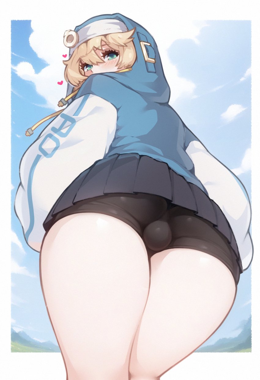 1boy ass ass_focus big_ass big_thighs blonde_hair bridget bulge bulge_through_clothing femboy guilty_gear guilty_gear_strive looking_at_viewer merrytail solo thighs tights