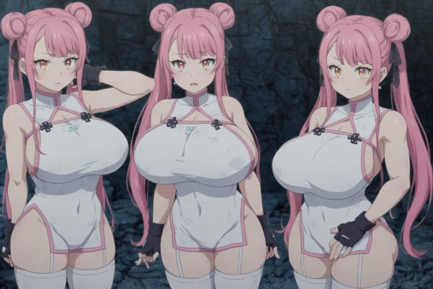 ai_generated asymmetrical_bangs black_gloves chest clothes double_bun dress female fingerless gloves long_hair pink_dress pink_eyes tao_yuifa tensei_shitara_dai_nana_ouji_dattanode,_kimamani_majutsu_o_kiwamemasu