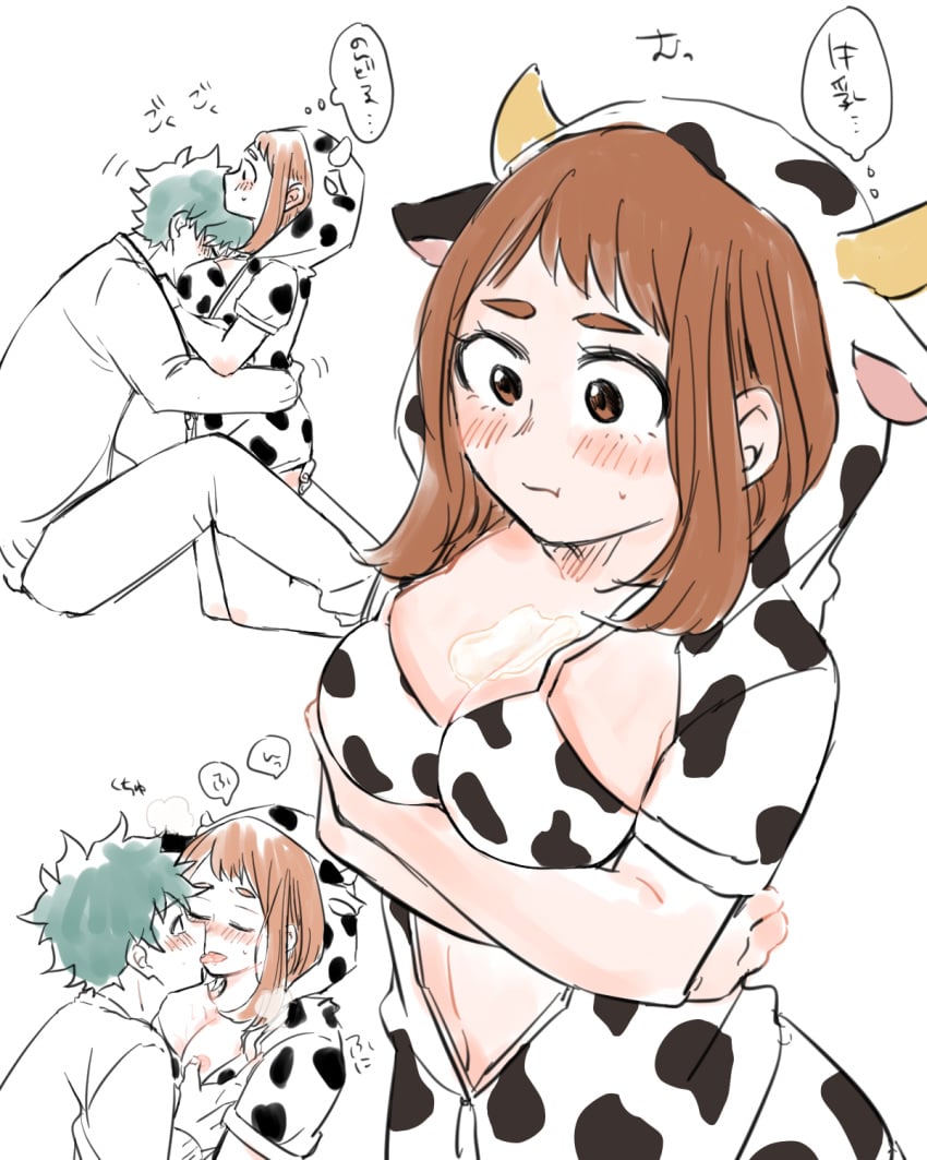 1boy :t animal_print bikini blush boku_no_hero_academia breasts brown_eyes brown_hair canon_couple closed_mouth cow_horns cow_print cow_print_bikini cum cute female french_kiss green_eyes green_hair highres hood hood_up horns izuku_midoriya kissing medium_breasts medium_hair midoriya_izuku midriff my_hero_academia nipples ochako_uraraka onesie print_bikini sex short_hair swimsuit tabetai_omochi tongue tongue_out uraraka_ochako white_background wholesome