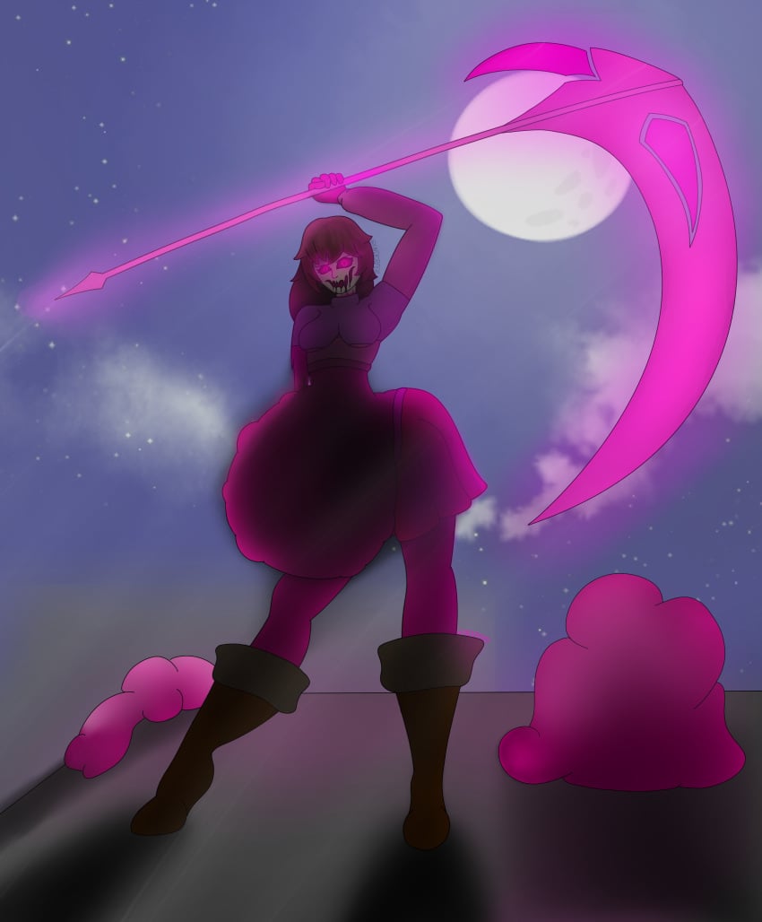 2d alternate_body_type alternative alternative_skin_color belly belly_expansion bete_noire betty_noire big_ass big_belly big_butt big_thighs glitchtale humanoid medium_breasts monster monster_girl moon moonlight night night_sky open_mouth pink_body pink_eyes pink_hair pink_skin scythe underfertv undertale undertale_(series) undertale_au vore vore_belly weapon