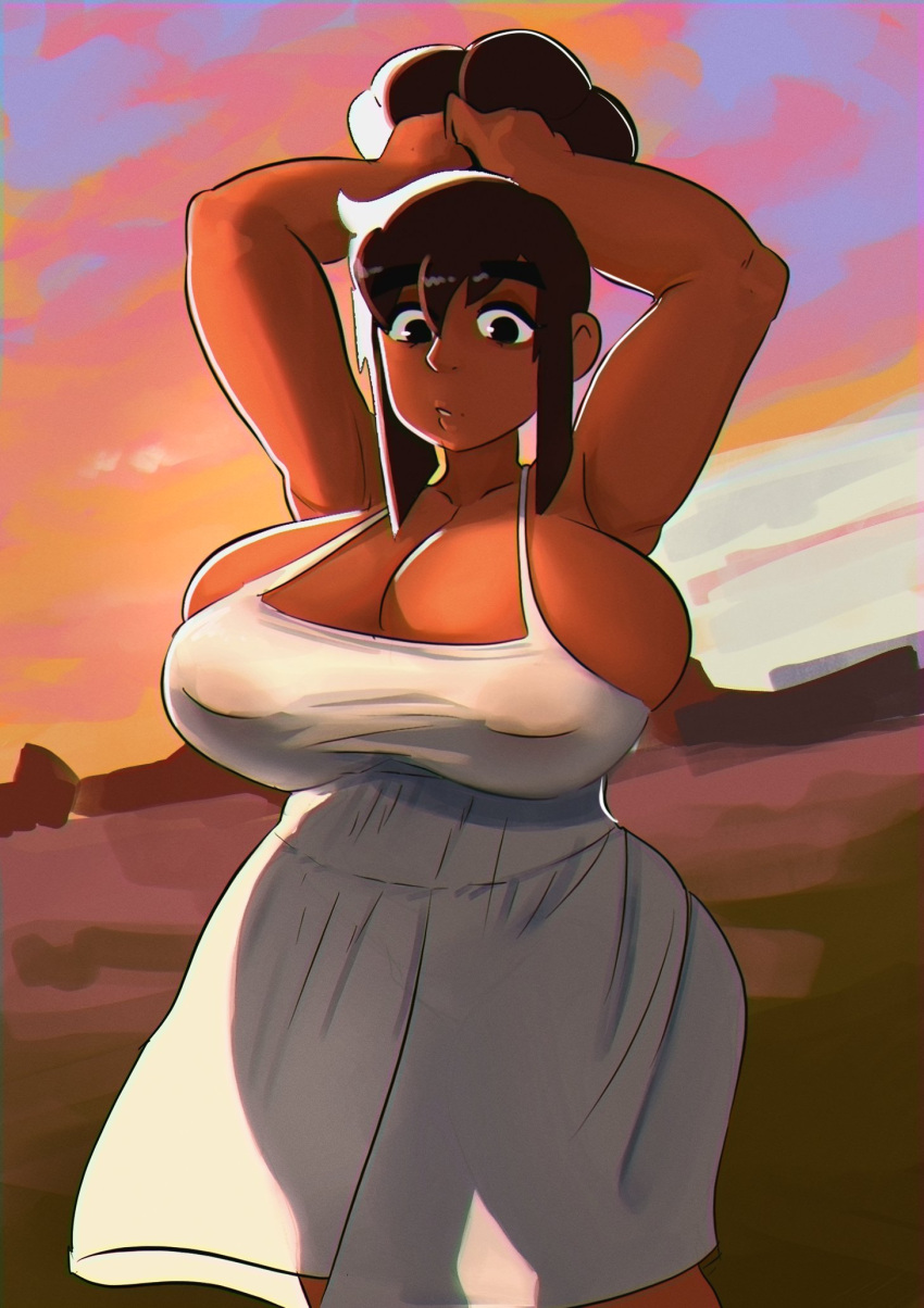 1girls breasts breasts_bigger_than_head brown_hair dand_u dark-skinned_female female huge_breasts sundress thighs