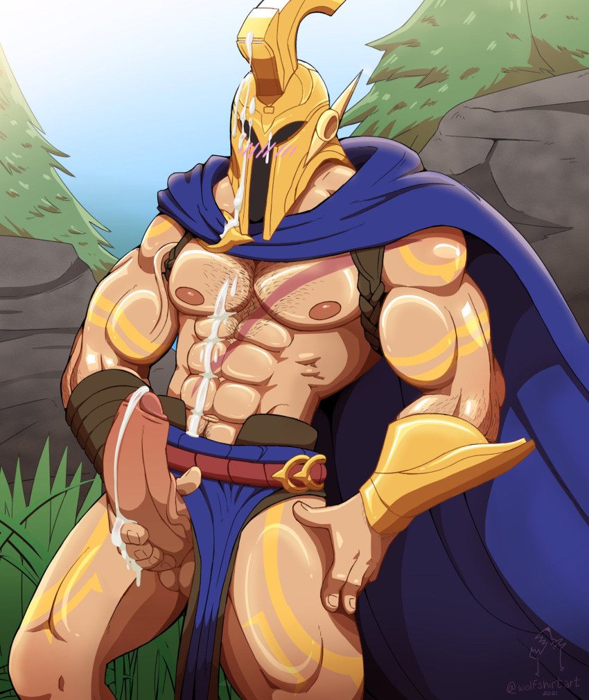 abs balls bara biceps big_balls big_penis bulge cape cum erection genital_fluids helmet league_of_legends male male_nipples male_only masturbation muscular_male nipples pantheon pecs penis riot_games tattoos wolfshirtart