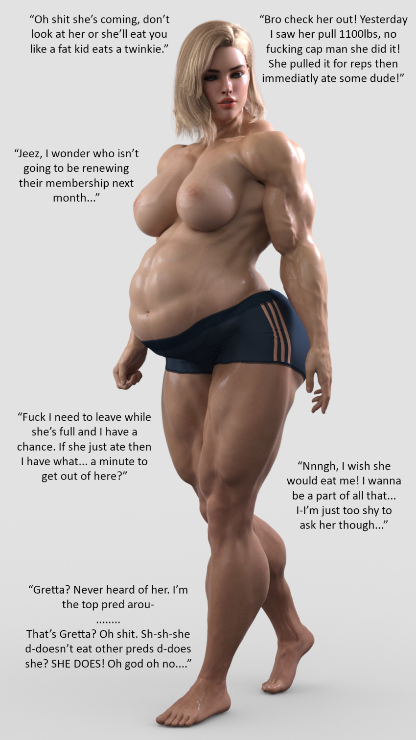 1girls 3d belly big_belly blonde_hair breasts dialogue female female_pred foomeratory musclegut muscular muscular_female nipples solo text vore