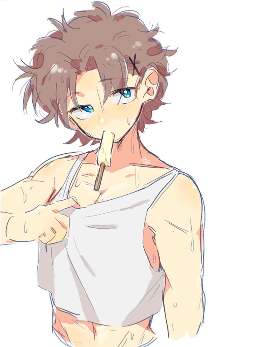 blue_eyes blush brown_hair colored_sketch gintama hairclip male male_only mukai00_2 popsicle sakamoto_tatsuma sexually_suggestive sketch solo sweat tank_top twink upper_body