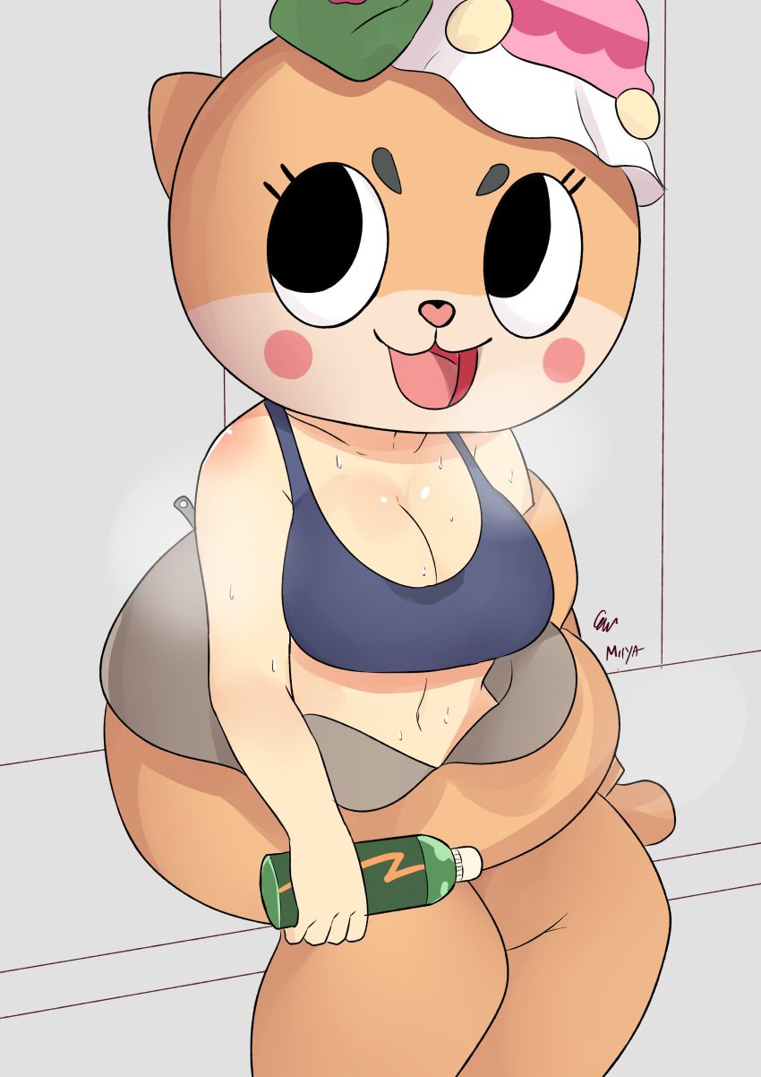 1girls 2024 2d 2d_(artwork) :3d absurd_res absurdres arm_support artist_name bare_arms bare_midriff bare_shoulders belly_button big_breasts black_eyes bottle breasts busty chiitan cleavage collarbone faceless_female female female_only hat heart-shaped_nose holding_object light-skinned_female light_brown_fur light_skin mascot mascot_costume mask masked masked_female midriff miiyauwu navel open_mouth otter otter_costume otter_mask rosy_cheeks shiny_breasts sitting solo solo_female sports_bra steam steaming_body stomach sweat sweatdrop sweating tagme tummy unzipped unzipped_costume